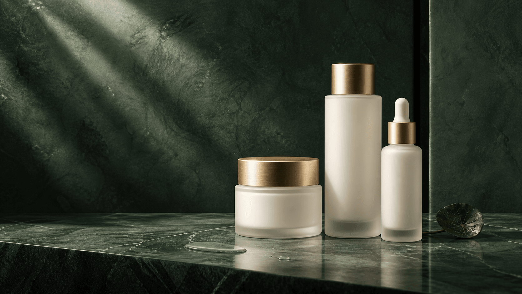 Ivory Rimol skincare vessels on deep emerald stone